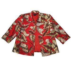 VTG Silk Jacket Womens L Red Jungle Cheetah 3/4 Sleeve Artsy Bold Tropical Wild